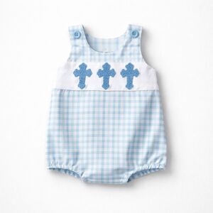 GR Blue and white gingham Cross Embroidered romper Easter NWT